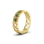 Load image into Gallery viewer, milgrain-emerald-woven-round-diamond-wedding-band-in-yellow-gold-FD11273BGEMGRANGLE2-NL-YG
