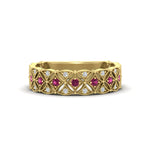 Load image into Gallery viewer, milgrain-pink-sapphire-woven-round-diamond-wedding-band-in-yellow-gold-FD11273BGSADRPI-NL-YG
