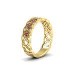 Load image into Gallery viewer, milgrain-pink-sapphire-woven-round-diamond-wedding-band-in-yellow-gold-FD11273BGSADRPIANGLE2-NL-YG
