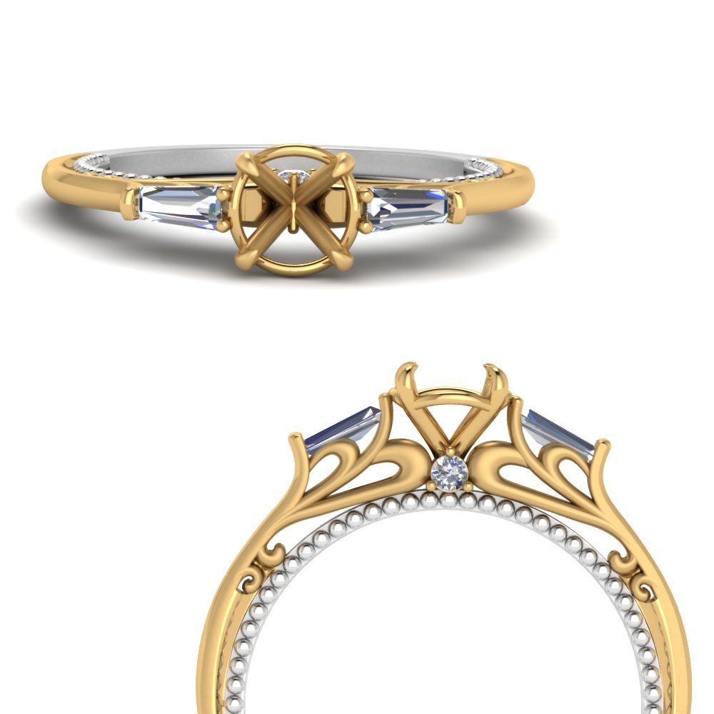 Semi Mount Two Tone 3 Stone Baguette Ring