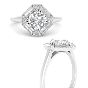 Octagon Baguette Diamond Halo Ring