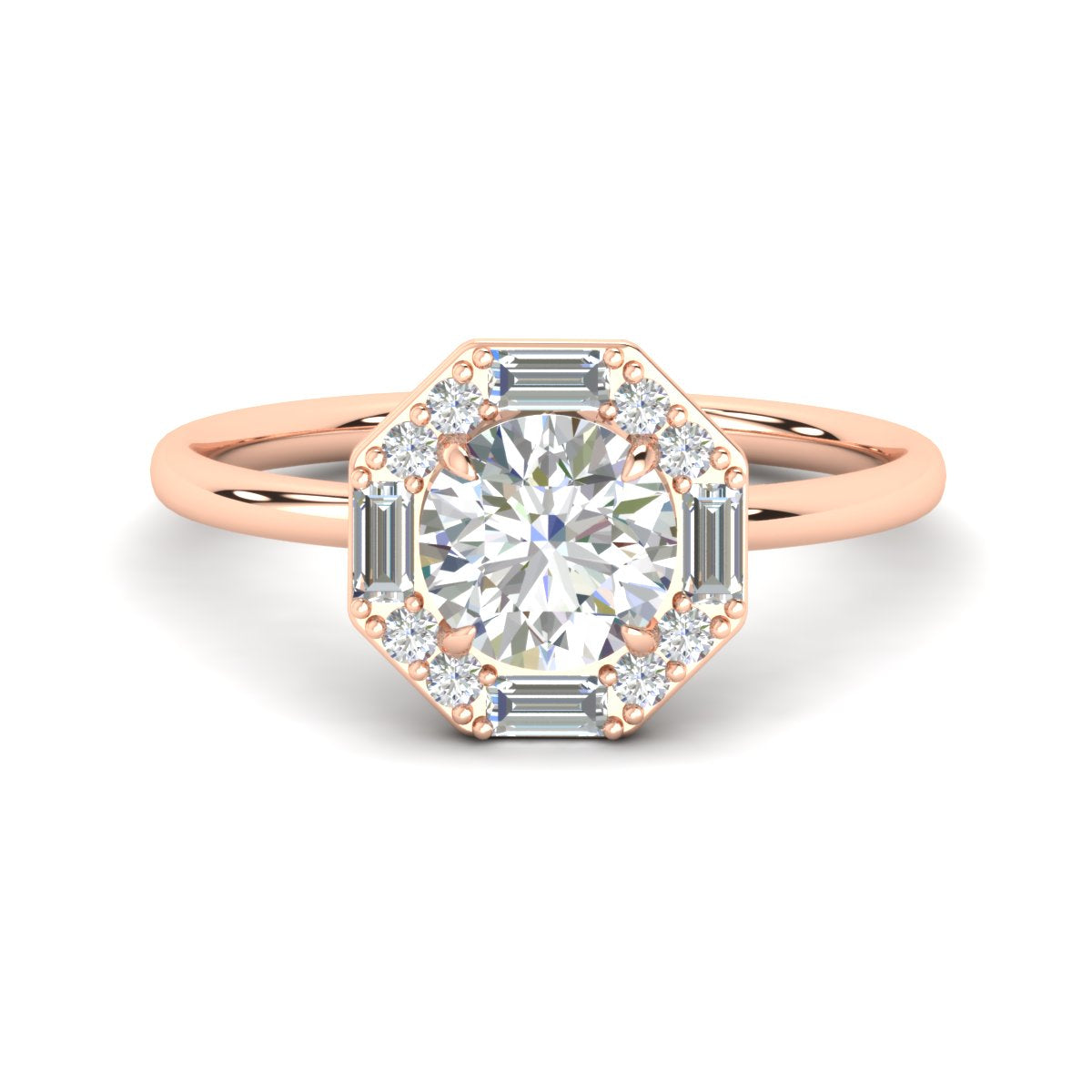 Round Halo Octagon Baguette Ring