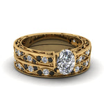 Load image into Gallery viewer, oval-cut-antique-filigree-wedding-ring-set-with-black-diamond-in-yellow-gold-FDENS3543OVGBLACK-NL-YG
