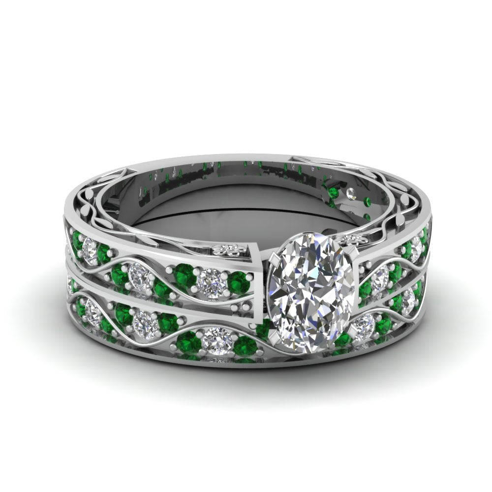 oval-cut-antique-filigree-wedding-ring-set-with-emerald-in-white-gold-FDENS3543OVGEMGR-NL-WG