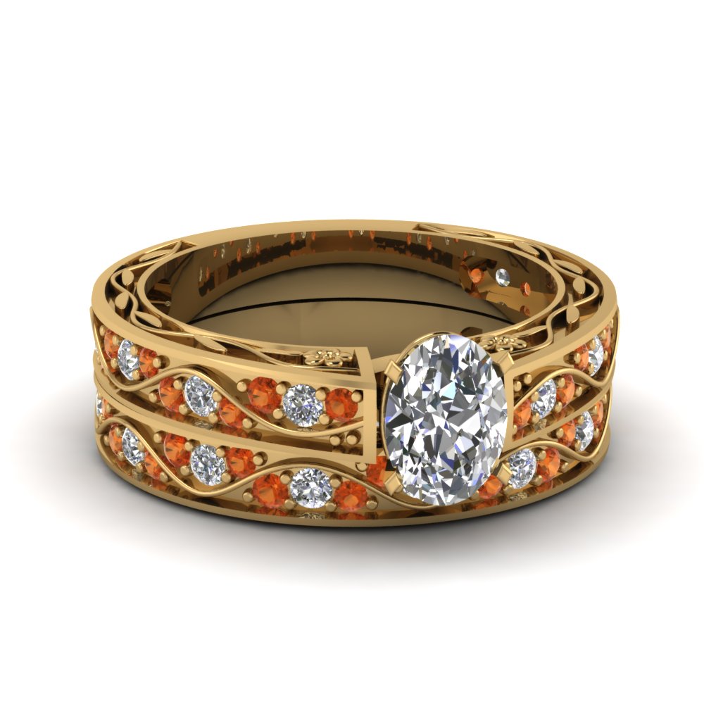 oval-cut-antique-filigree-wedding-ring-set-with-orange-sapphire-in-yellow-gold-FDENS3543OVGSAOR-NL-YG