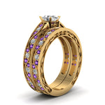 Load image into Gallery viewer, oval-cut-antique-filigree-wedding-ring-set-with-purple-amethyst-in-yellow-gold-FDENS3543OVGVITOANGLE2-NL-YG
