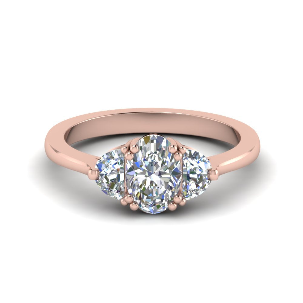 Oval Cut Half Moon 3 Stone Engagement Ring
