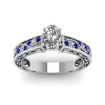 Load image into Gallery viewer, oval-shaped-antique-filigree-diamond-ring-with-blue-sapphire-in-14K-white-gold-FDENS3543OVRGSABLANGLE5-NL-WG
