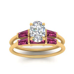 Load image into Gallery viewer, oval-shaped-bar-set-pink-sapphire-ring-with-matching-3-baguette-wedding-band-in-FDENS100OVGSADRPI-NL-YG
