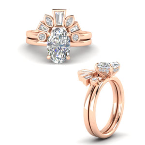 Curved Baguette Band With Halo Ring Set