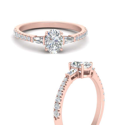 Oval Shape Lab Diamond Ring with Baguette Side Stones