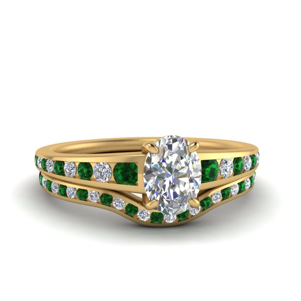 oval-shaped-graduated-channel-diamond-wedding-set-with-emerald-in-FD122866OVGEMGR-NL-YG