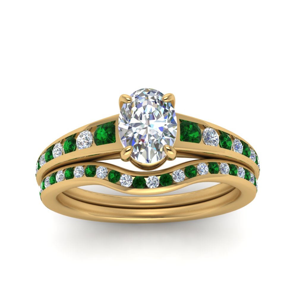 oval-shaped-graduated-channel-diamond-wedding-set-with-emerald-in-FD122866OVGEMGR-NL-YG