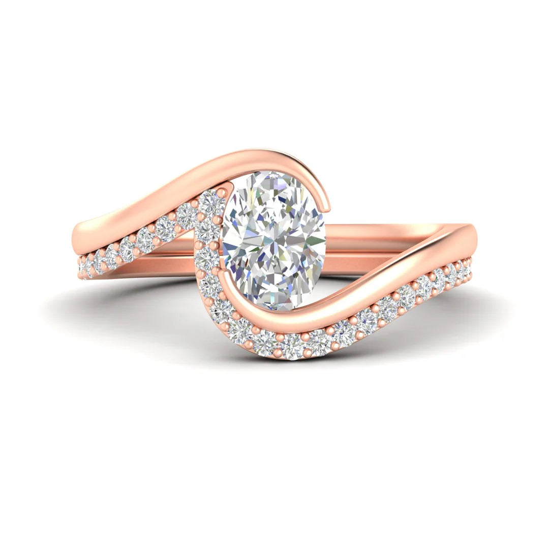 Oval Swirl Diamond Wedding Band Set