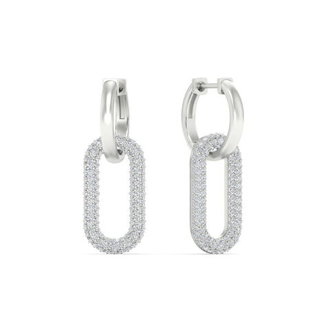 Pave Diamond Paperclip Drop Hoop Earrings