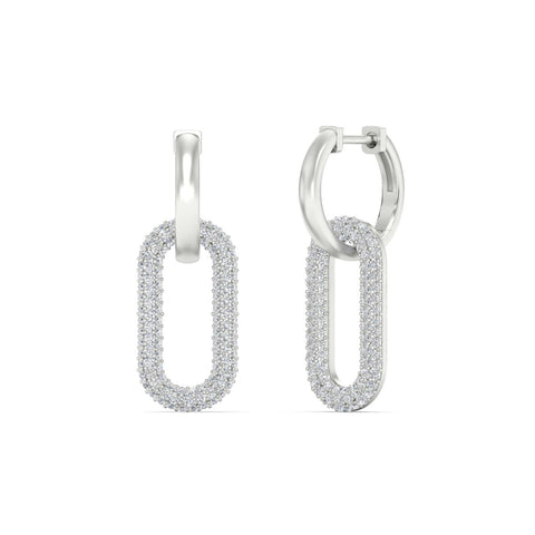 Pave Diamond Paperclip Drop Hoop Earrings