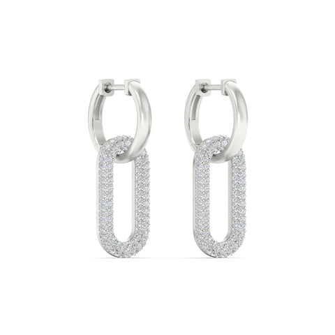 Pave Diamond Paperclip Drop Hoop Earrings
