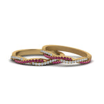 Load image into Gallery viewer, pave-twisted-diamond-lesbian-band-with-pink-sapphire-in-14K-yellow-gold-FDLG8233BGSADRPI-NL-YG

