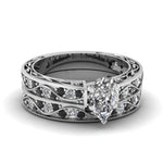Load image into Gallery viewer, pear-cut-antique-filigree-wedding-ring-set-with-black-diamond-in-white-gold-FDENS3543PEGBLACK-NL-WG