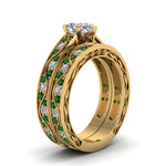 Load image into Gallery viewer, pear-cut-antique-filigree-wedding-ring-set-with-emerald-in-yellow-gold-FDENS3543PEGEMGRANGLE2-NL-YG