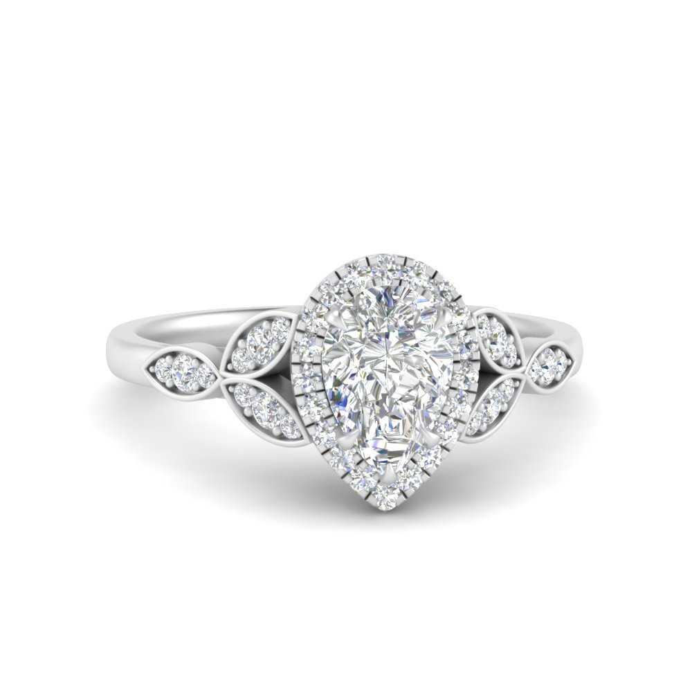 Lab Grown Pear Shaped Halo Leaves Engagement Ring