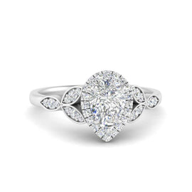 Lab Grown Pear Shaped Halo Leaves Engagement Ring