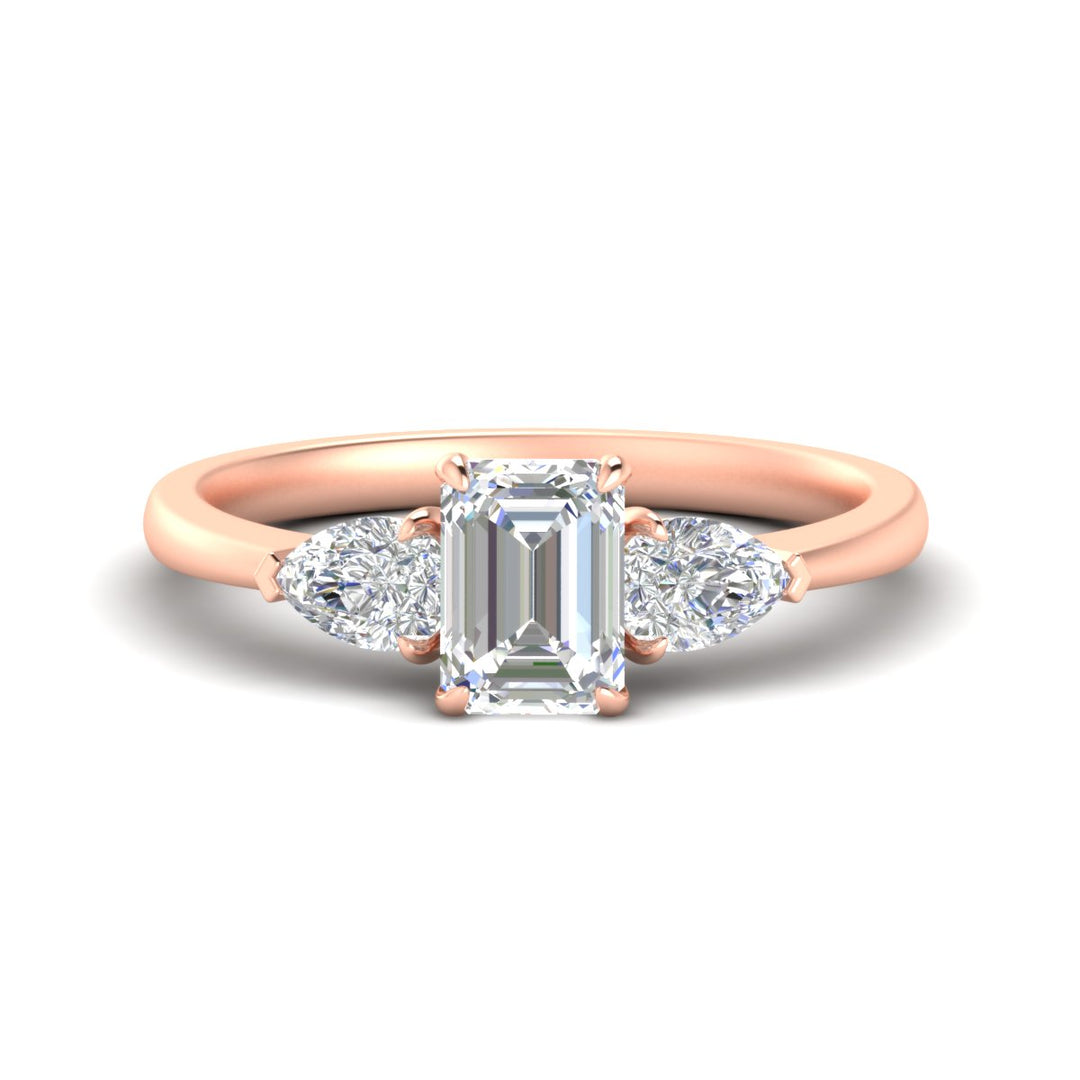 3 Stone Emerald Cut Lab Diamond Cathedral Ring With Pear Accents