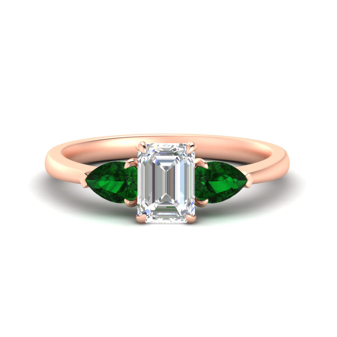 3 Stone Emerald Cut Lab Diamond Cathedral Ring With Pear Accents
