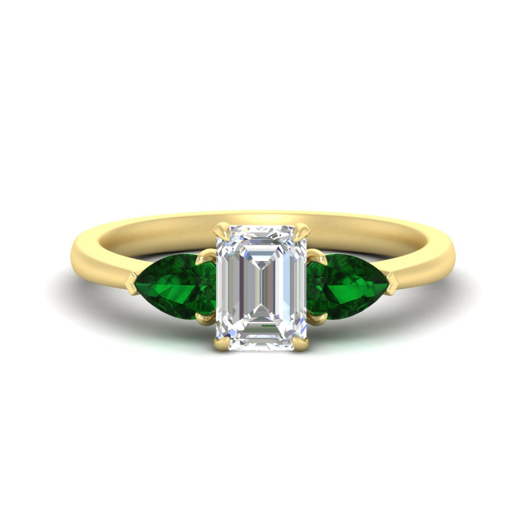 3 Stone Emerald Cut Lab Diamond Cathedral Ring With Pear Accents