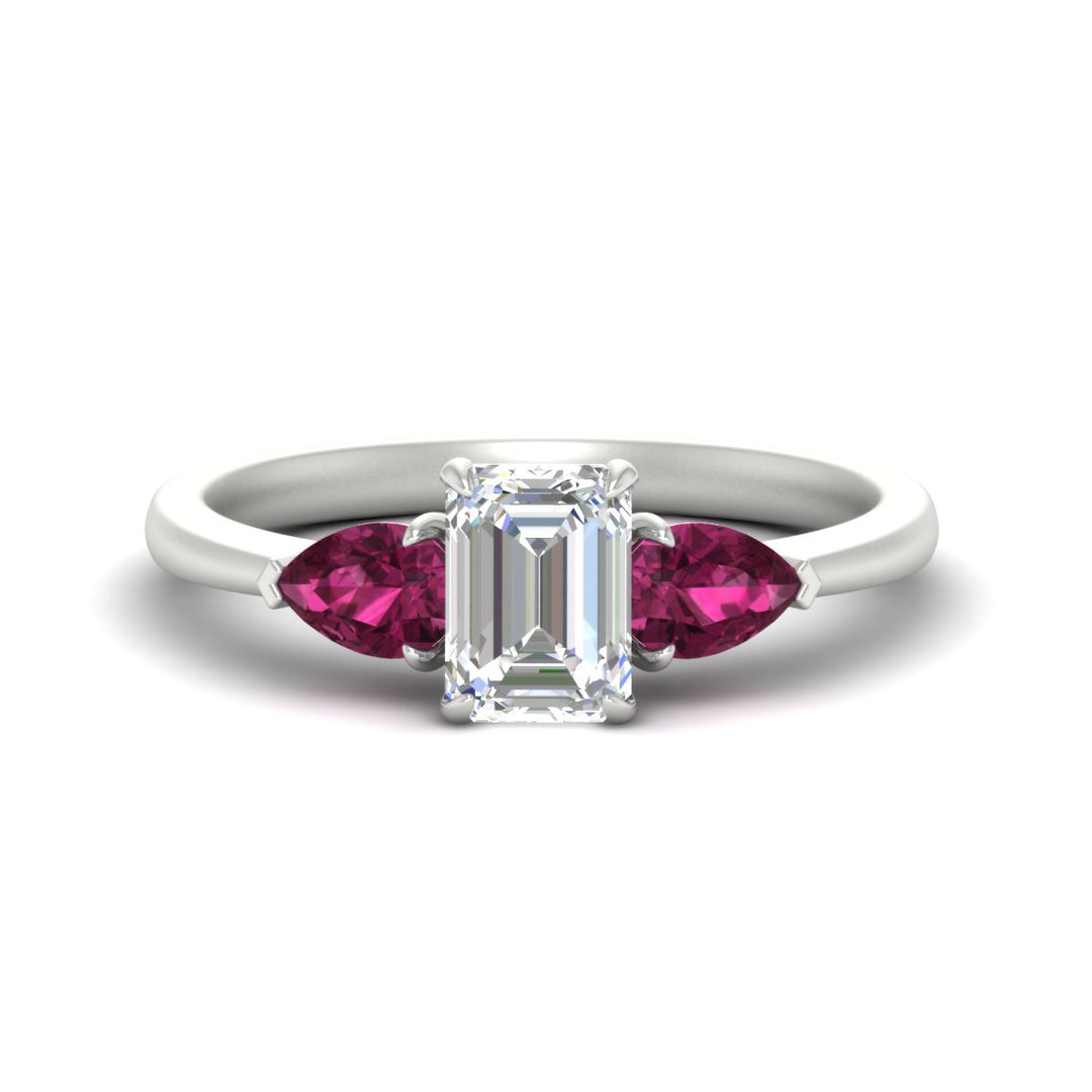 3 Stone Emerald Cut Lab Diamond Cathedral Ring With Pear Accents