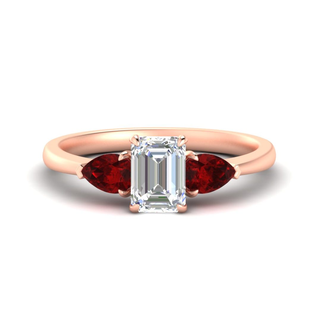 3 Stone Emerald Cut Lab Diamond Cathedral Ring With Pear Accents