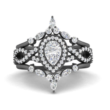 Crown Design Pear Halo Lab Grown Diamond Wedding Set