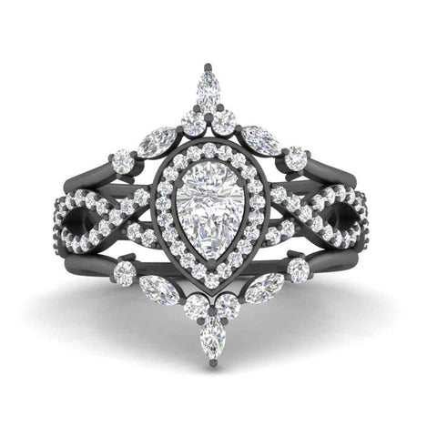 Twisted Pear Halo Wedding Ring Set