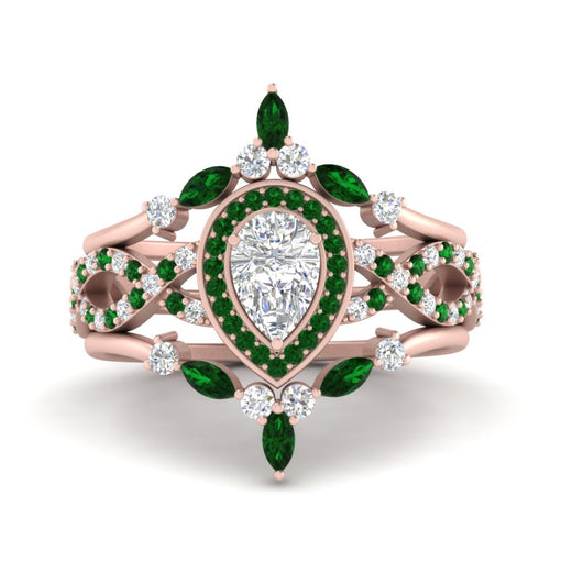 Twisted Pear Halo Wedding Ring Set
