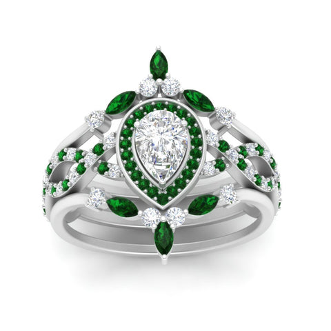Twisted Pear Halo Wedding Ring Set