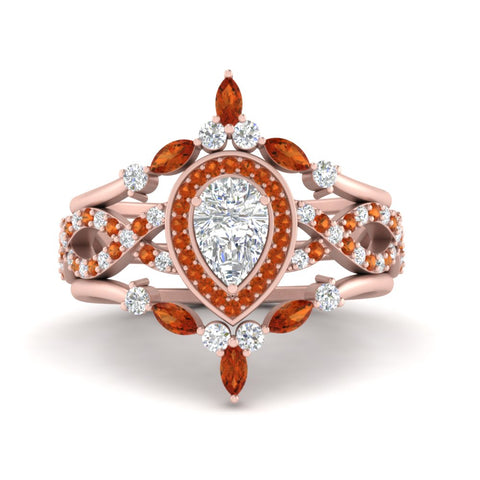 Twisted Pear Halo Wedding Ring Set
