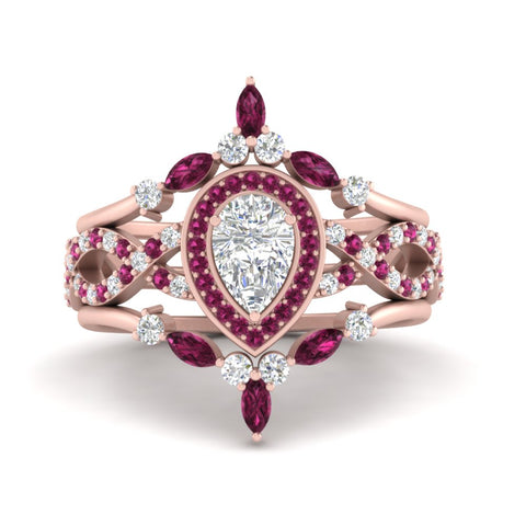 Twisted Pear Halo Wedding Ring Set