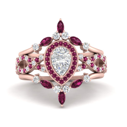 Twisted Pear Halo Wedding Ring Set