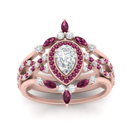 Twisted Pear Halo Wedding Ring Set