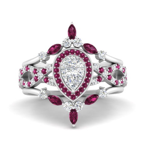Twisted Pear Halo Wedding Ring Set