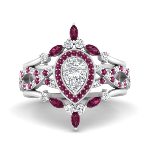 Twisted Pear Halo Wedding Ring Set