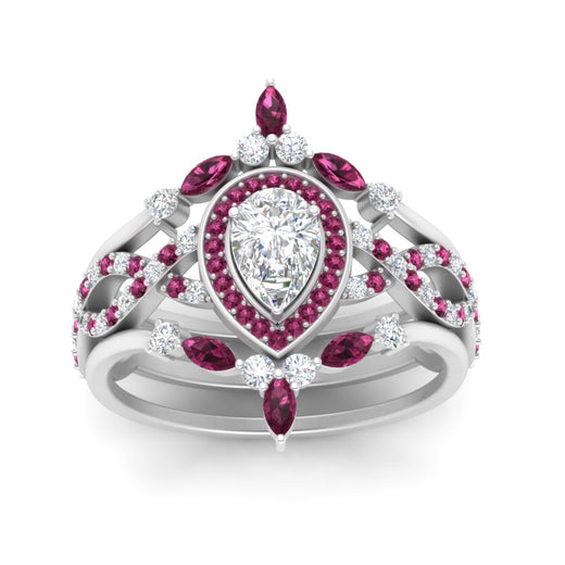 Twisted Pear Halo Wedding Ring Set