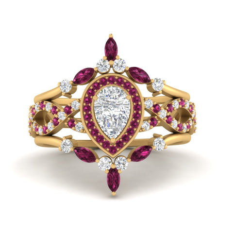 Twisted Pear Halo Wedding Ring Set