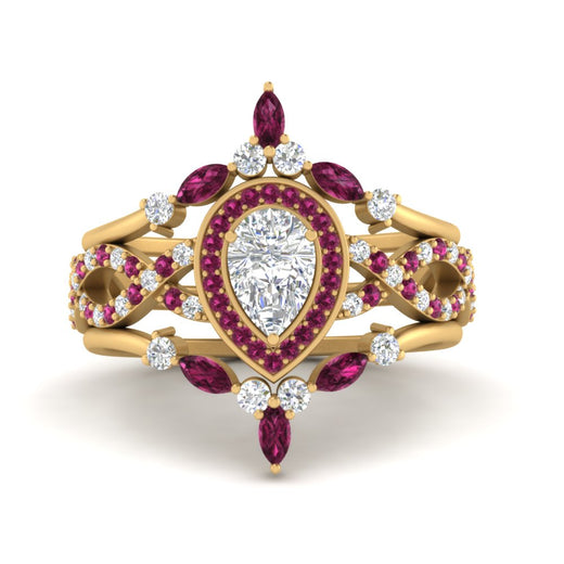 Twisted Pear Halo Wedding Ring Set