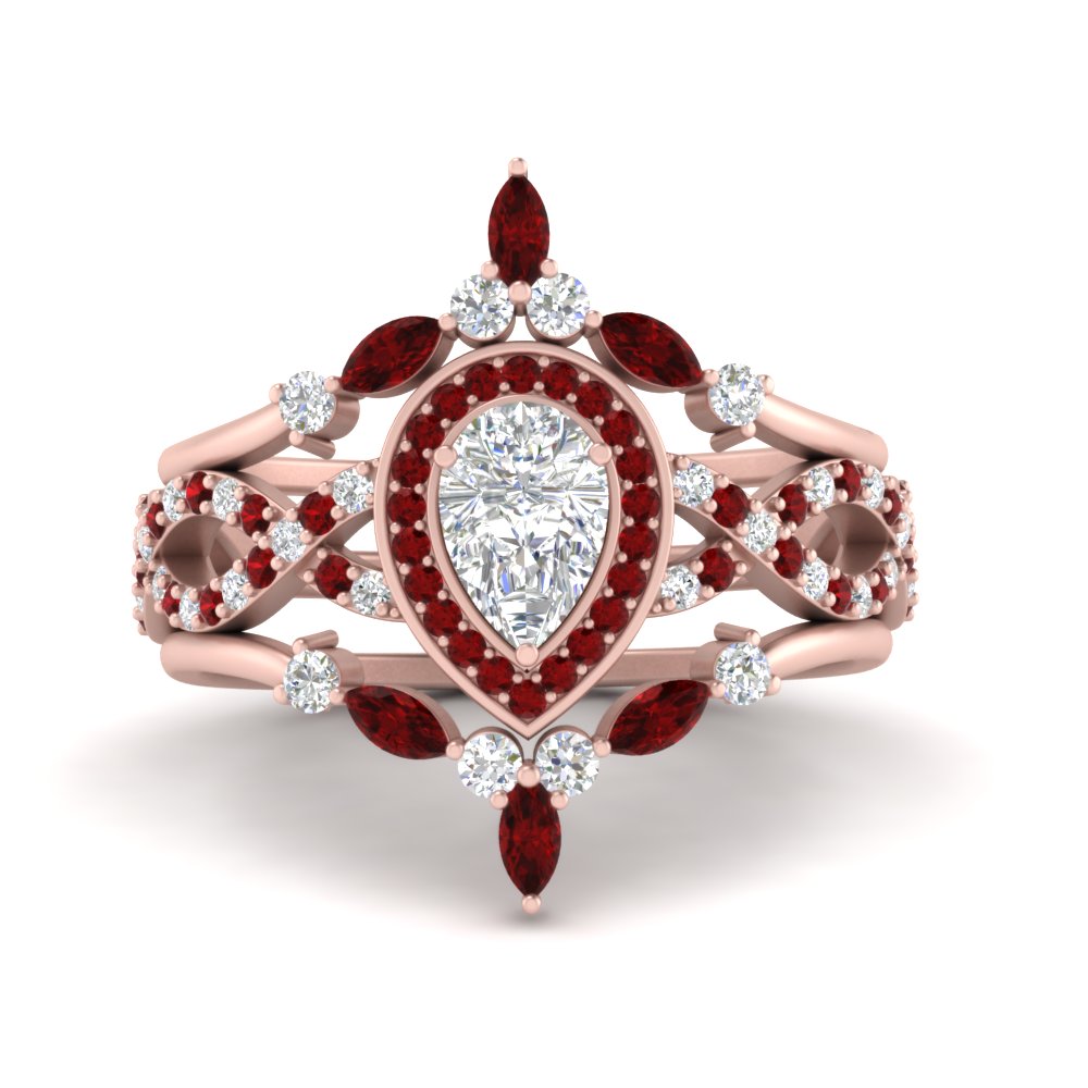 Twisted Pear Halo Bridal Ring Set