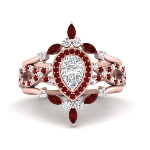 Twisted Pear Halo Wedding Ring Set