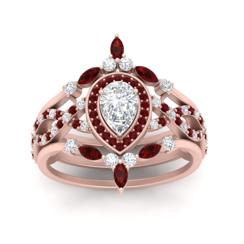 Twisted Pear Halo Wedding Ring Set