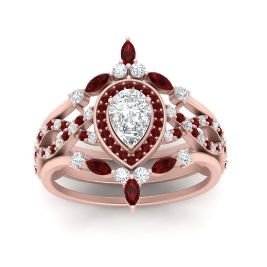 Twisted Pear Halo Wedding Ring Set