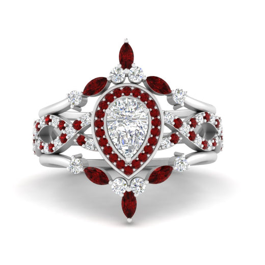 Twisted Pear Halo Wedding Ring Set