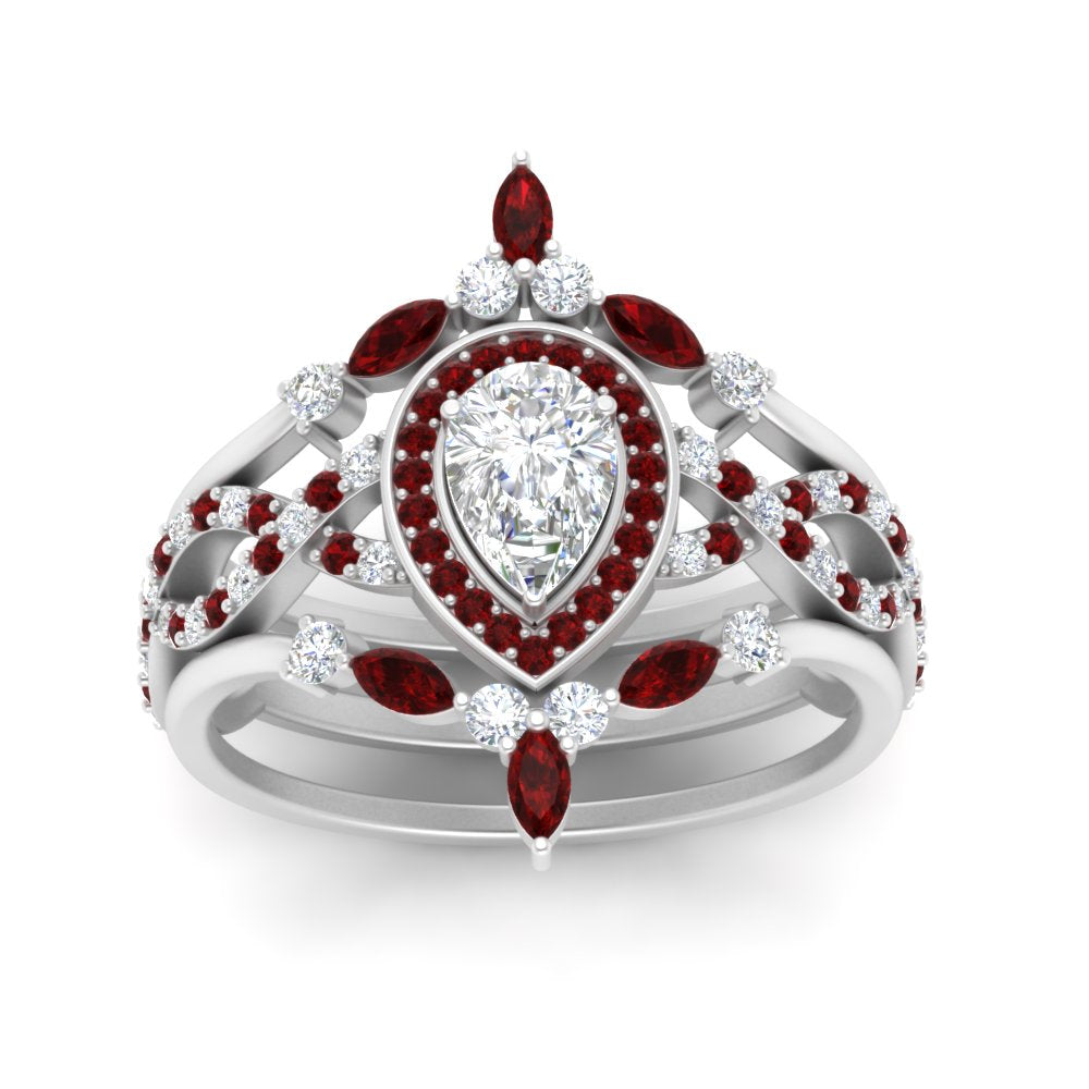 Twisted Pear Halo Bridal Ring Set